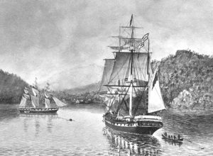 The John Wickliffe anchored at Port Chalmers, 1848 (Alexander Turnbull Library, 1/2-003216-G)